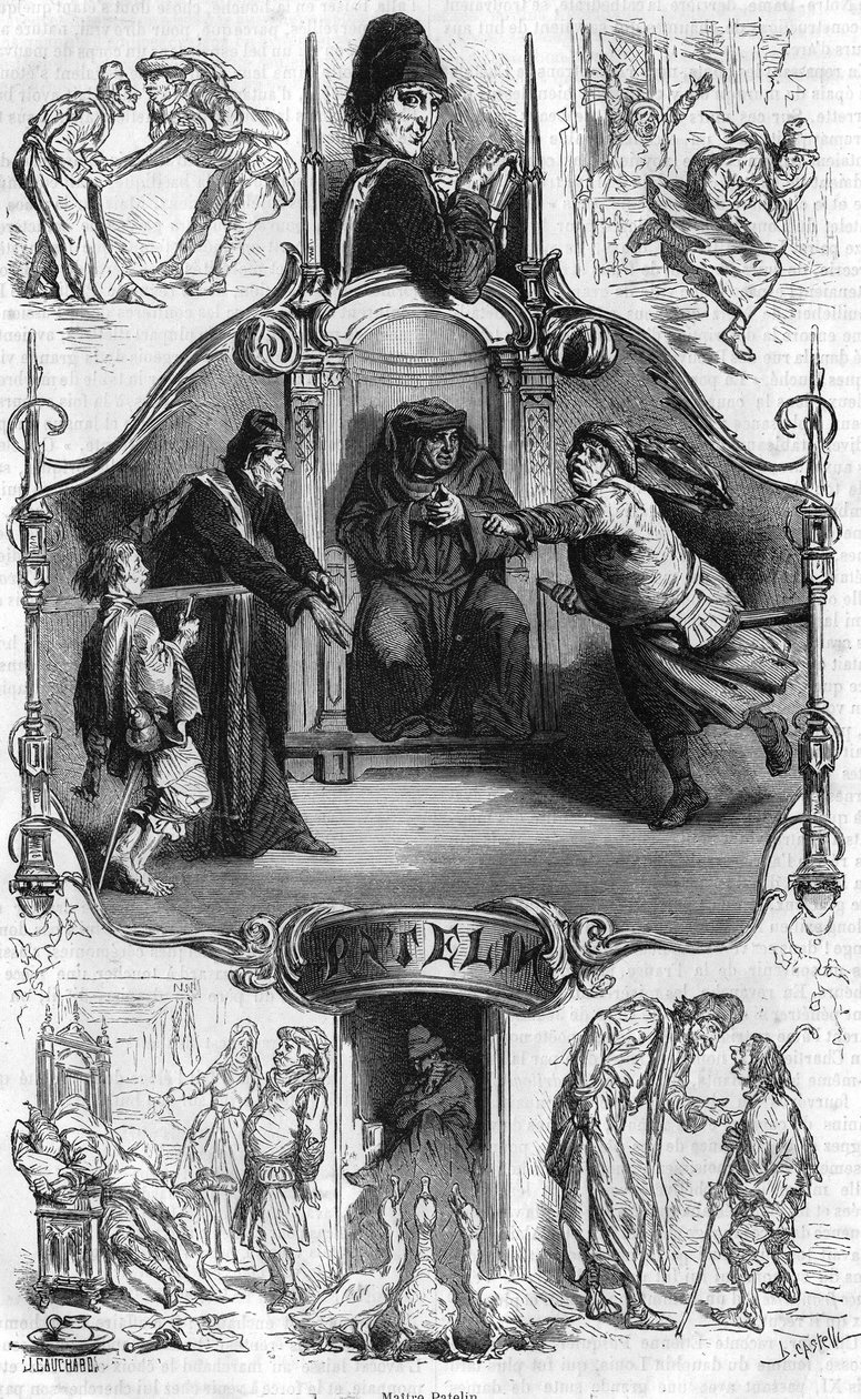 Mestari Patelinin esitys, joka on kuuluisa "Mestari Patelinin farssista", joka kertoo asianajajan ja hänen paimenasiakkaansa epäonnistumisista. Kaiverrus 1800-luvulta. tekijältä Unknown artist