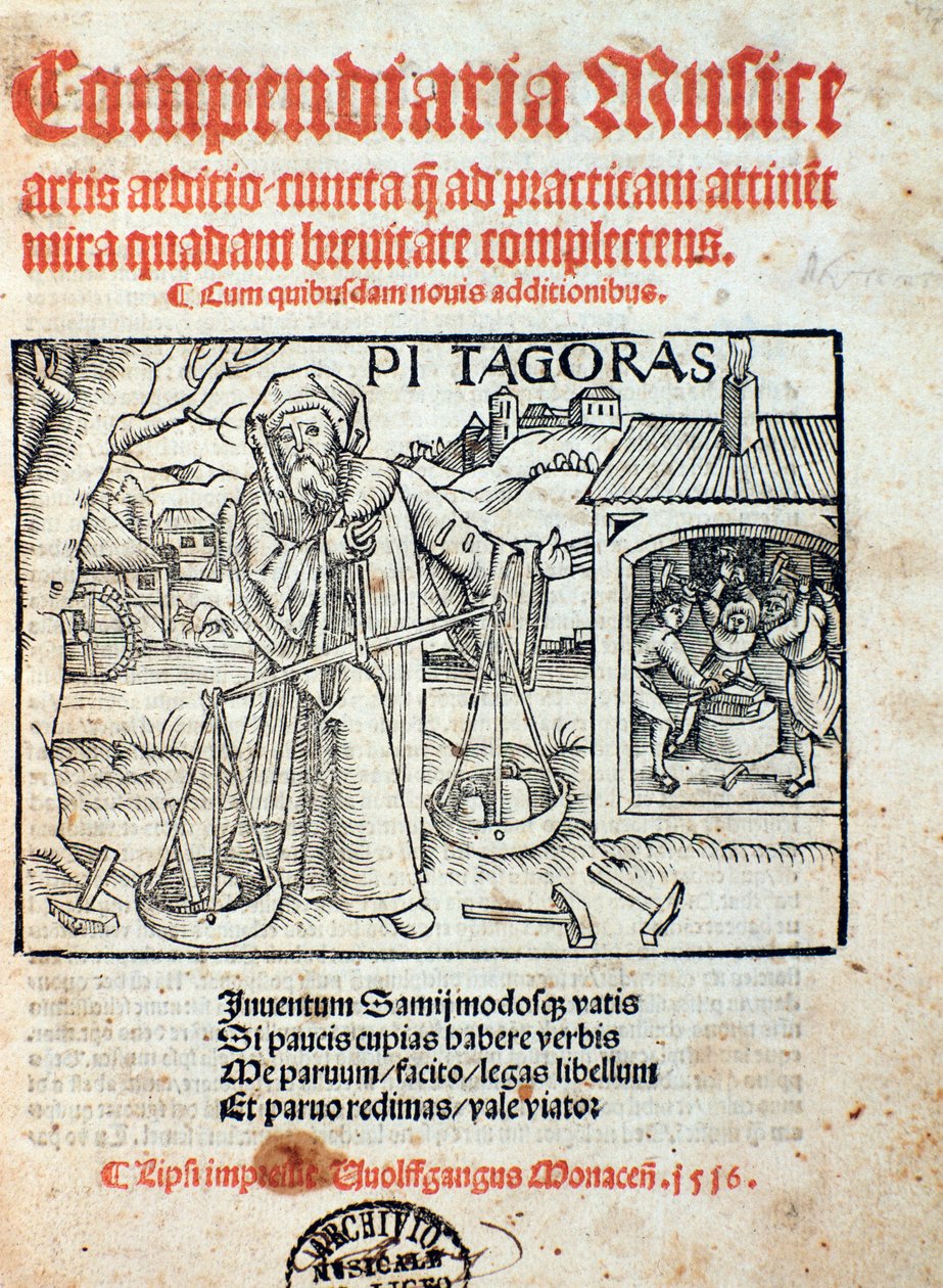 Pythagoraksen esitys Compendiara musicasta (1516) tekijältä Unknown artist