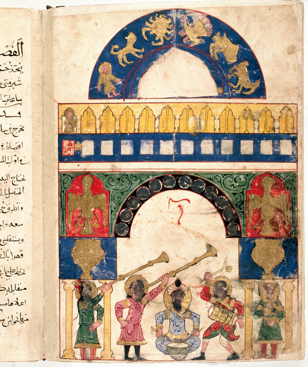 Esitys vesiklepsydrasta (kello), jonka on suunnitellut turkkilainen insinööri Ibn al-Rajjaj al-Jazari (Al Rajjaj Al Jazari) (1136-1206) ja kalenteri. Se erottaa horoskoopin, auringon, kuun ympyrän tekijältä Unknown artist