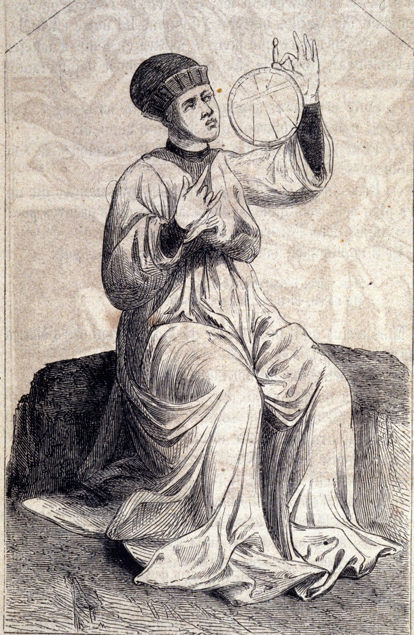 Edustus astrologista, joka käyttää astrolabiaa 1400-luvulla. Kaiverrus kirjasta "" De machinis Bellicis"" (Treat-istuinkoneet). tekijältä Unknown artist
