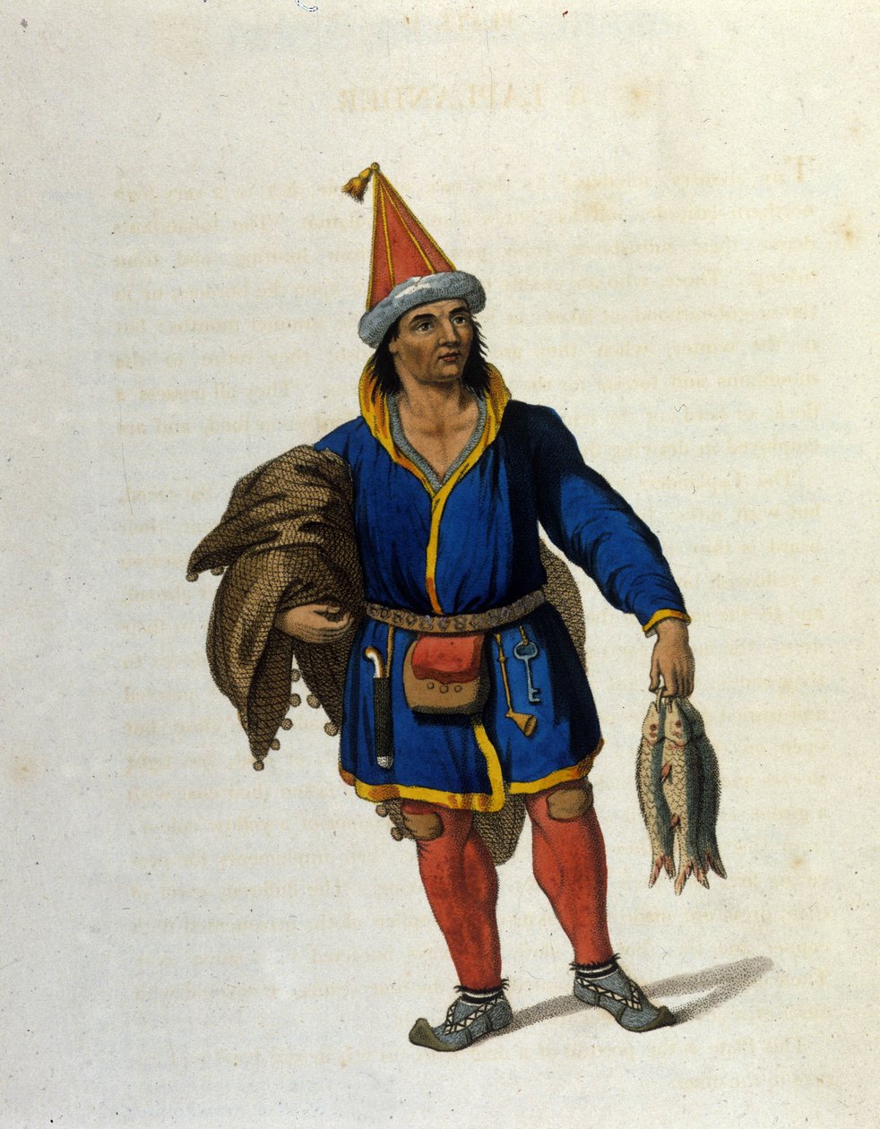 Edustus alkuperäiskansan saamelaisesta (asuu Norjan, Ruotsin, Venäjän ja Suomen alueilla) palaamassa kalastuksesta. Kaiverrus 1800-luvulta tekijältä Unknown artist