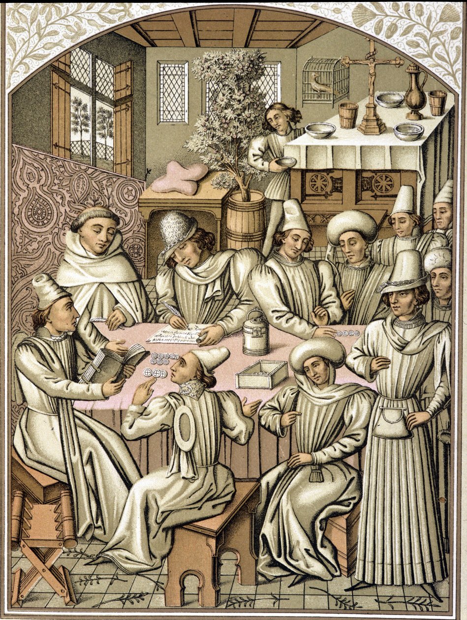 Virkamiesten edustus 1300-luvulla. kromolitografia veljeskunnan "Dio e Nostra Signora" tilikirjasta" tekijältä Unknown artist