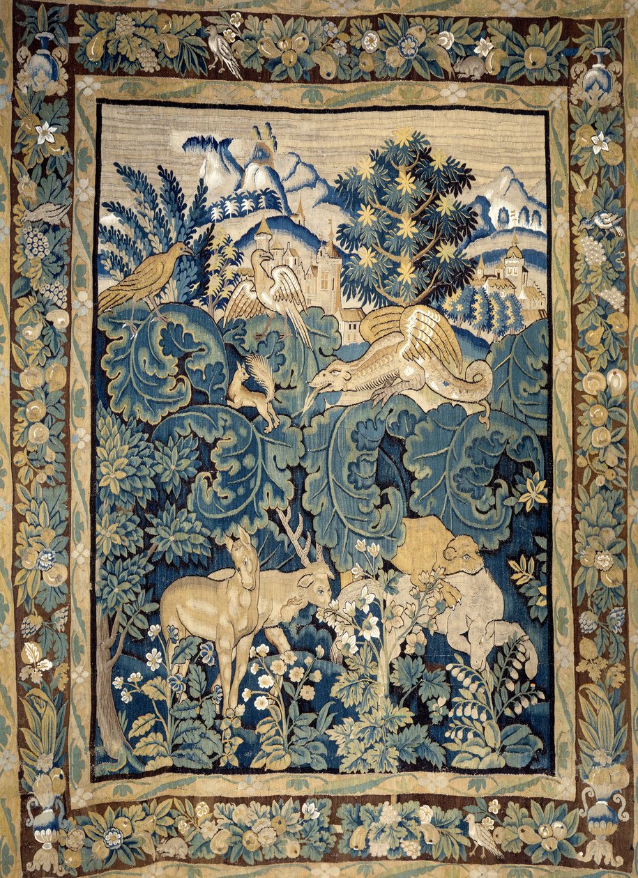 Esitys upeista eläimistä neitseellisessä metsässä. 1400-luvun kuvakudos. Angers, linnamuseo tekijältä Unknown artist
