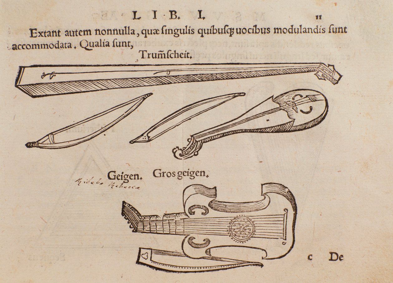 Jousisoittimien ja jousiampujan esitys. Sivu otettu Musurgian käytännön musiikin käsikirjasta tekijältä Unknown artist