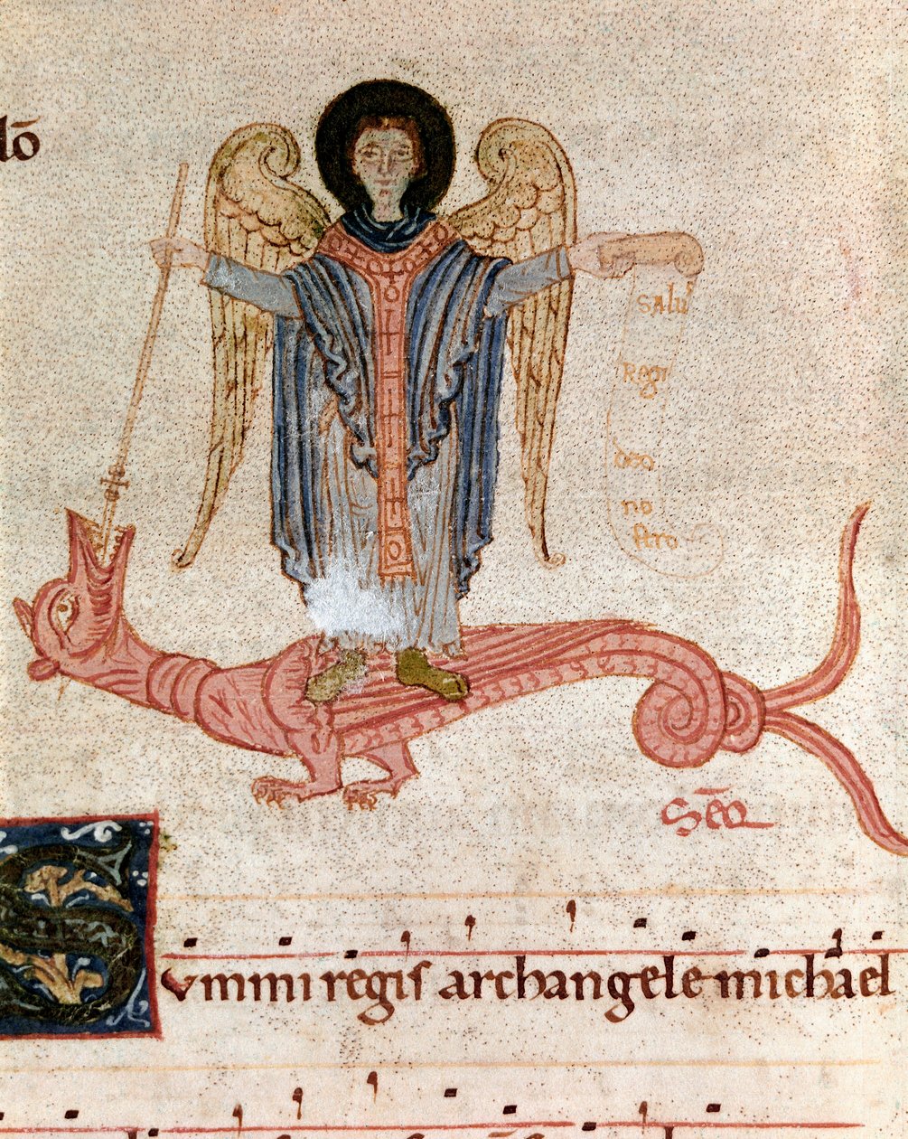 Arkkienkeli Pyhän Mikaelin ja lohikäärmeen esitys asteittaisesta antifonaariosta (tropair) (ms. 65) 1100-luvun Plaisance, Biblioteca Capitolare tekijältä Unknown artist