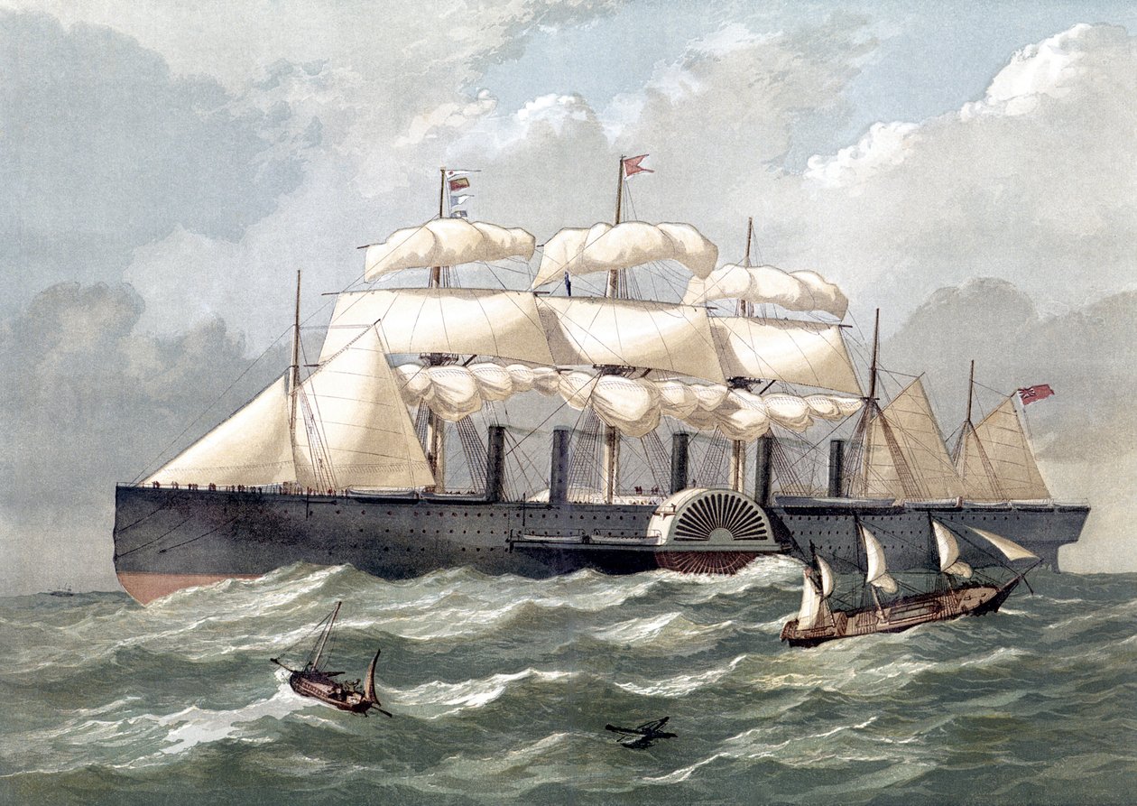 Esitys brittiläisestä Great Eastern -aluksesta, ensimmäinen jättiläinen laiva, vihitty käyttöön vuonna 1858, suunnitteli Isambard Kingdom Brunel (Isambard Kingdom Brunelin suunnittelema suuri itäinen rautapurjehöyrylaiva) - 1800-luku tekijältä Unknown artist
