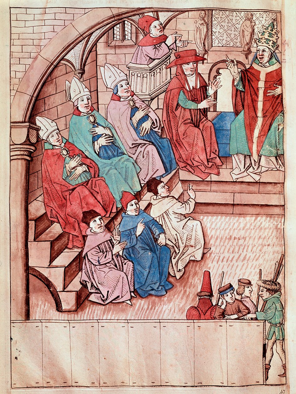 Konstanzin kirkolliskokouksen esitys vuosina 1414–1418, päällä paavi Martin V (näkymä Konstanzin kirkolliskokouksesta, n. 1417) Pienoiskuva Ulrich Richentalin (1360-1437) 1438:sta "Konstanz kirkolliskokouksen kronikat" suunnilleen Prahasta, Nati tekijältä Unknown artist