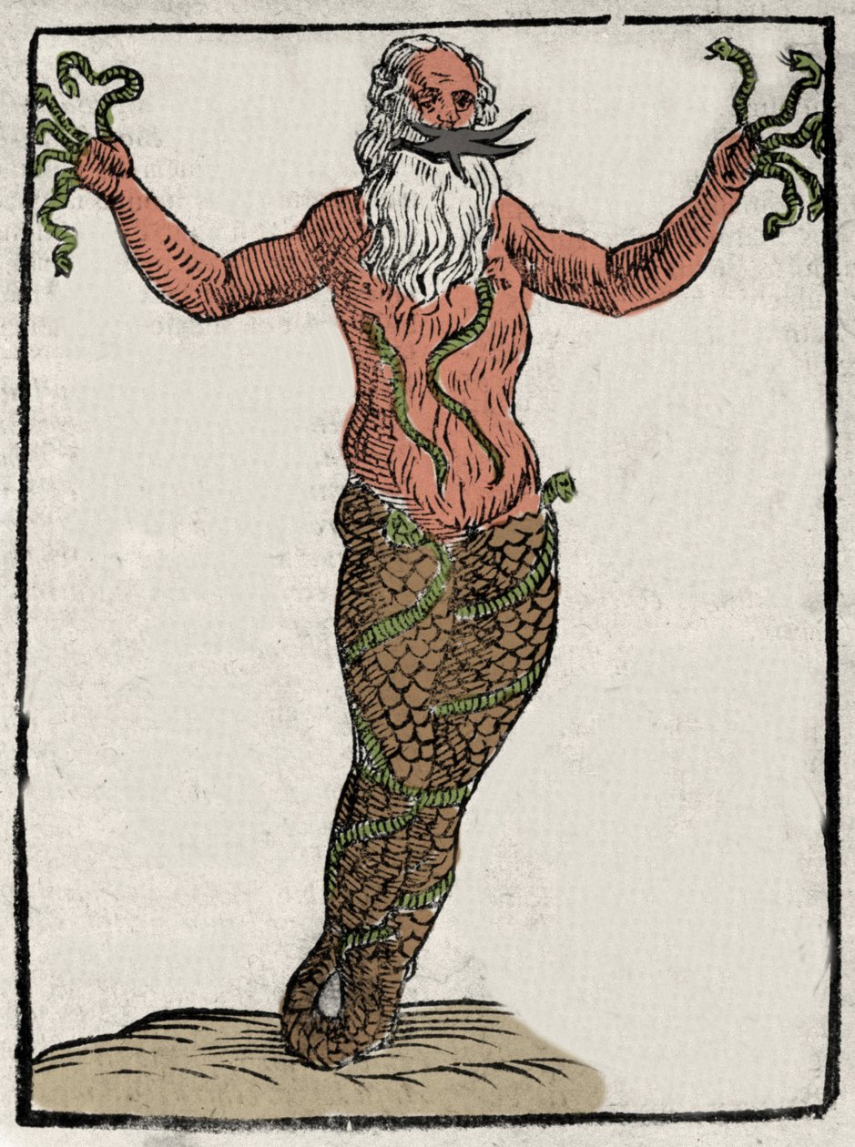 Esitys kreikkalaisesta jumalasta Typhoon (tai Typhee). Kaiverrus kreivi Natalian "Mytologiasta ja taruista". 1637 tekijältä Unknown artist