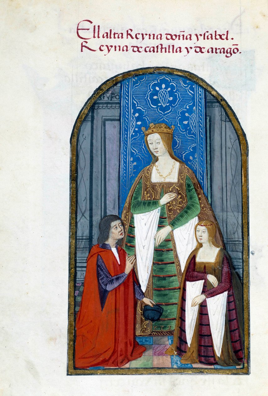 Espanjan kuningatar Isabella Katolinen (1451-1504), hänen tyttärensä Jeanne Iere Folle (1479-1555) ja Pedro Marcuello edustus. Käsikirjoitussivu otettu "Espanjan kuningatar Joan Follen (1479-1555) hartauskokoelmasta" Pedro Mar tekijältä Unknown artist
