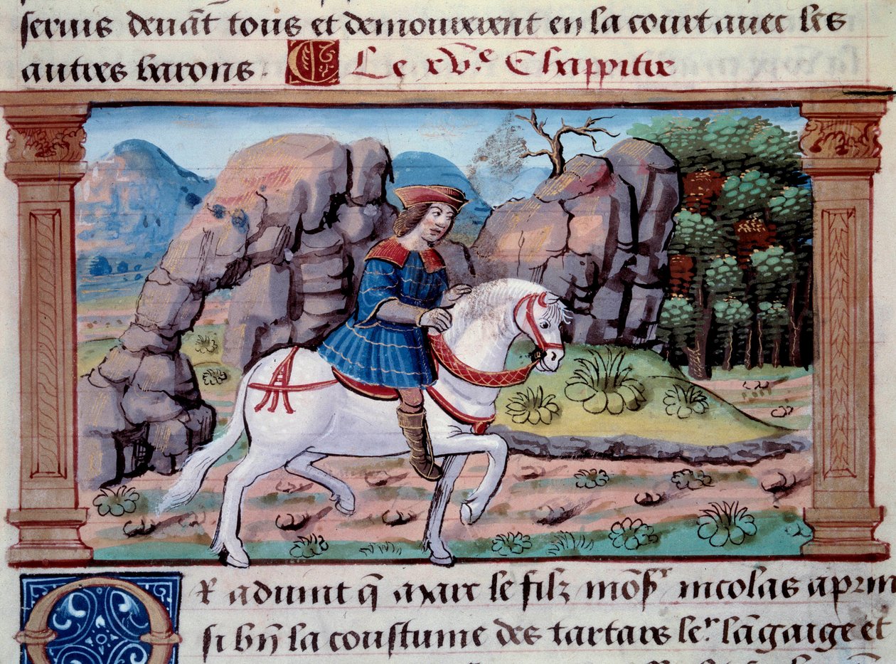 Venetsialaisen merenkulkijan Marco Polon (1254-1324) esitys hevosen selässä” Pienoiskuva otettu Marco Polon (1254-1324) "" The Book of Wonders" -kirjasta" ("" Devisement of the World", "" Il Milione") ). 1298. Paris, Arsenaalin kirjasto tekijältä Unknown artist