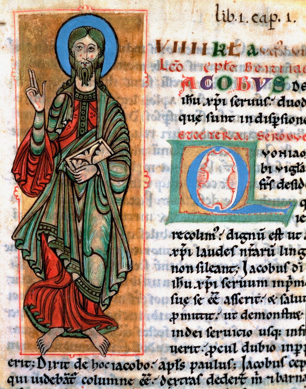 Esitys apostoli Pyhästä Jaakobista Suuresta Miniatyyristä otettu "Codex Calixtinuksesta" (Pyhän Jaakobin kirja), noin 1140. Fol. 4. Santiago de Compostelan katedraalin arkisto (Santiago de Compostela), Espanja tekijältä Unknown artist