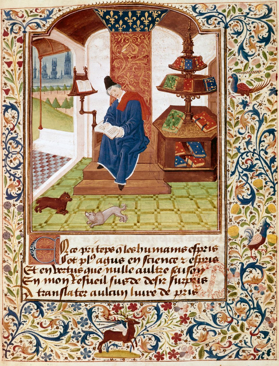 Esitys kirjailijasta, joka kirjoittaa toimistossaan Miniatyyri teoksista "Kaikkien hyveiden kukat" tai "Hyveiden ruusukirkko" (Ms 291) 1460 Musee Conde, Chantilly tekijältä Unknown artist