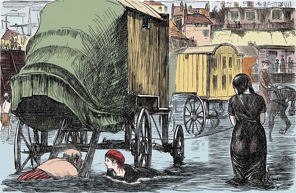 Benjamin Bealen vuonna 1750 keksimä kylpyhytti: sisällä olevat naiset pääsevät merelle suoraan tästä hevosvaunusta. Huumoripiirros "Punch Magazinesta" vuodelta 1870 tekijältä Unknown artist