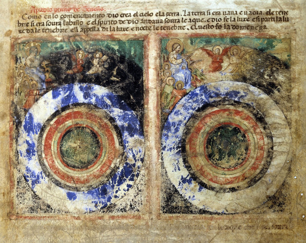 Esitys maailman luomisesta. Genesis. Miniatyyri koodista 212 (tai padovano-koodista tai Padovan Raamatusta) 1390-1400 Rovigo, Accademia dei Concordi tekijältä Unknown artist