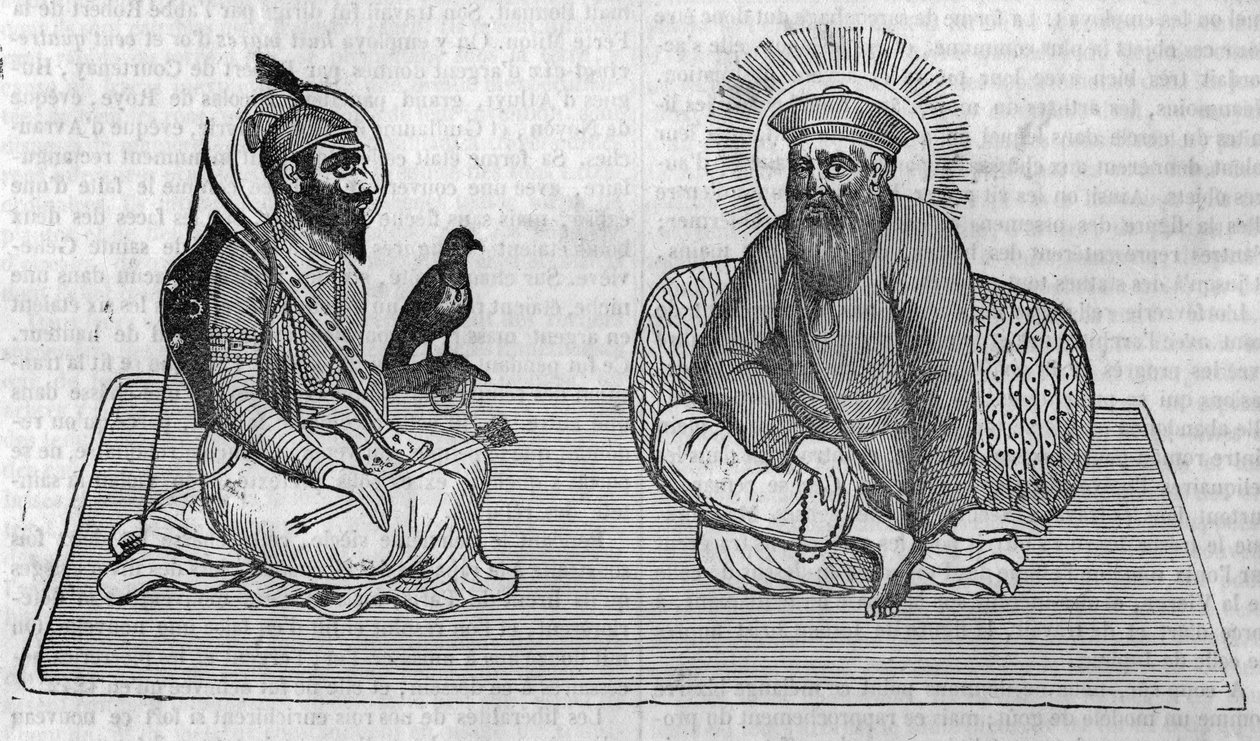 Sikhismin (tai sikhien uskonnon) perustajien edustus: Guru Nanak (1469-1539) ja Guru Gobind Singh (1666-1708). Teoksessa "" Le magazin viehättävä"" 1836 tekijältä Unknown artist
