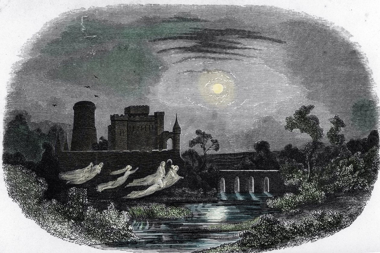 Representação dos fantasmas dos antigos senhores de Blandy voando pelas paredes do castelo, Blandy-les-Tours, Seine e Marne (fantasmas que assombram o castelo de Blandy les Tours, Seine e Marne) Gravura de “Mysteres des vieux chateaux de França””finlandês tekijältä Unknown artist