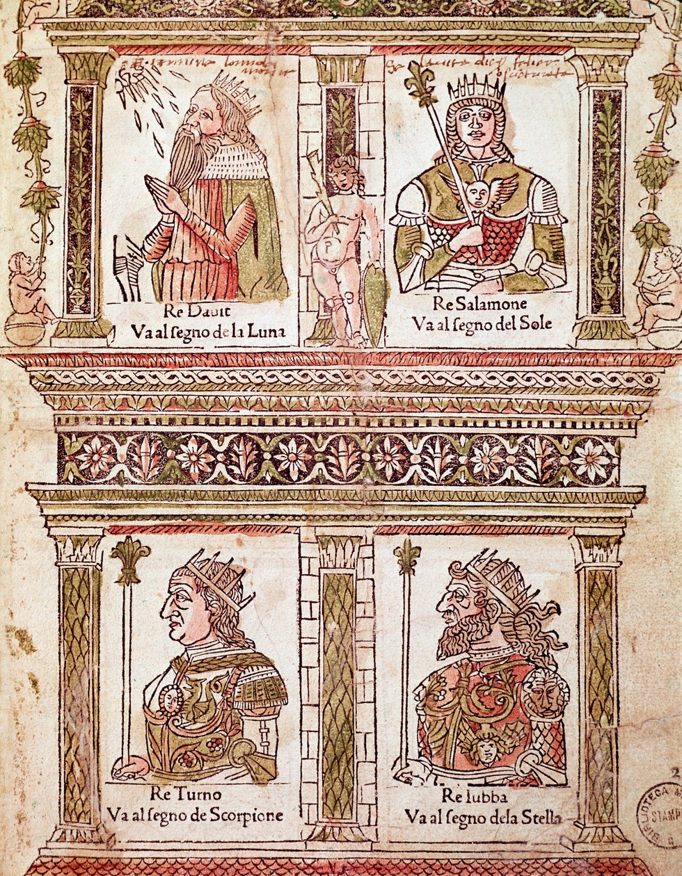 Kuninkaiden sivun esitys: kuningas Daavid, kuningas Salomo, kuningas Turno ja kuningas Lubba (kuninkaiden sivu) 1496) runoilija ja humanisti tekijältä Unknown artist