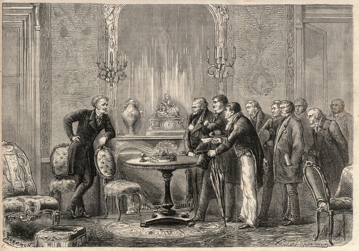 Honore de Balzacin (1799-1850) näytelmän "" Mercadet" (Le Faiseur) esitys Comedie Francaisessa. Näytös III, kohtaus VI. Kaiverrus "" L