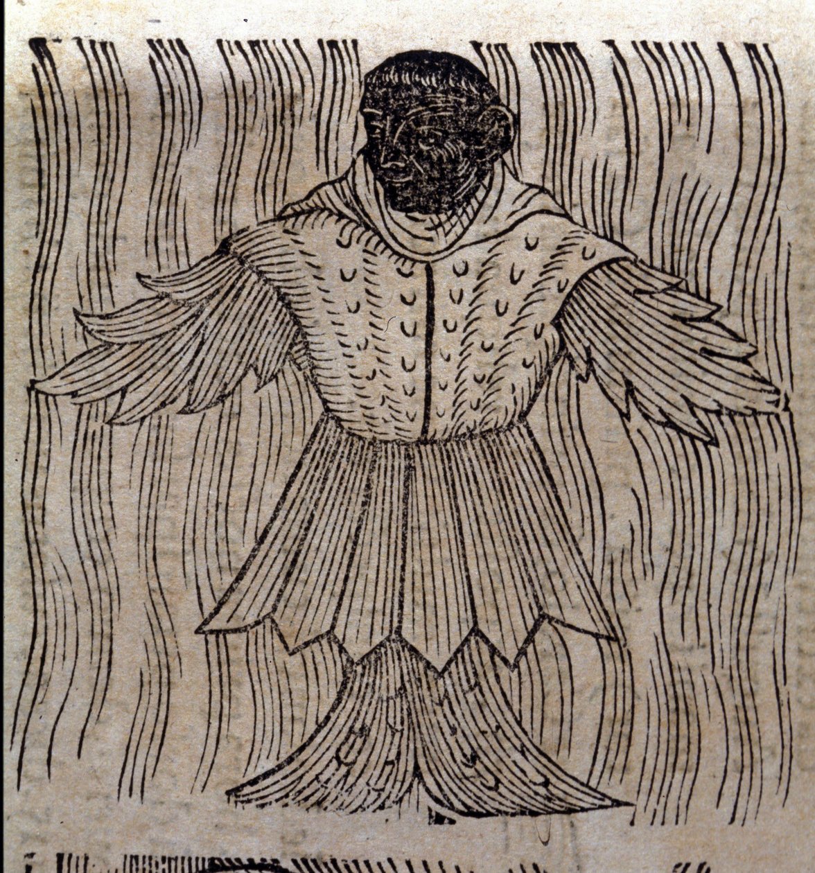 Merimunkki, kuvitteellinen kala ja merihirviö. Kaiverrus Conrad Lycosthenesin (Konrad Wolffhart) teoksesta "Prodigiorum ac ostentorum chronicon" tekijältä Unknown artist