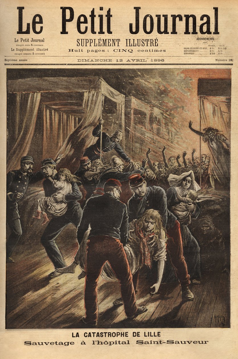 Pelastus Lillen Pyhän Vapahtajan sairaalassa tai tulipalo tuhosi kaupungin kolmea vanhinta monumenttia, kirkkoa, vanhaa tornia ja sairaalaa. Kaiverrus "" Le petit Journal" -lehdessä 12/04/1896. Selvan kokoelma. tekijältä Unknown artist