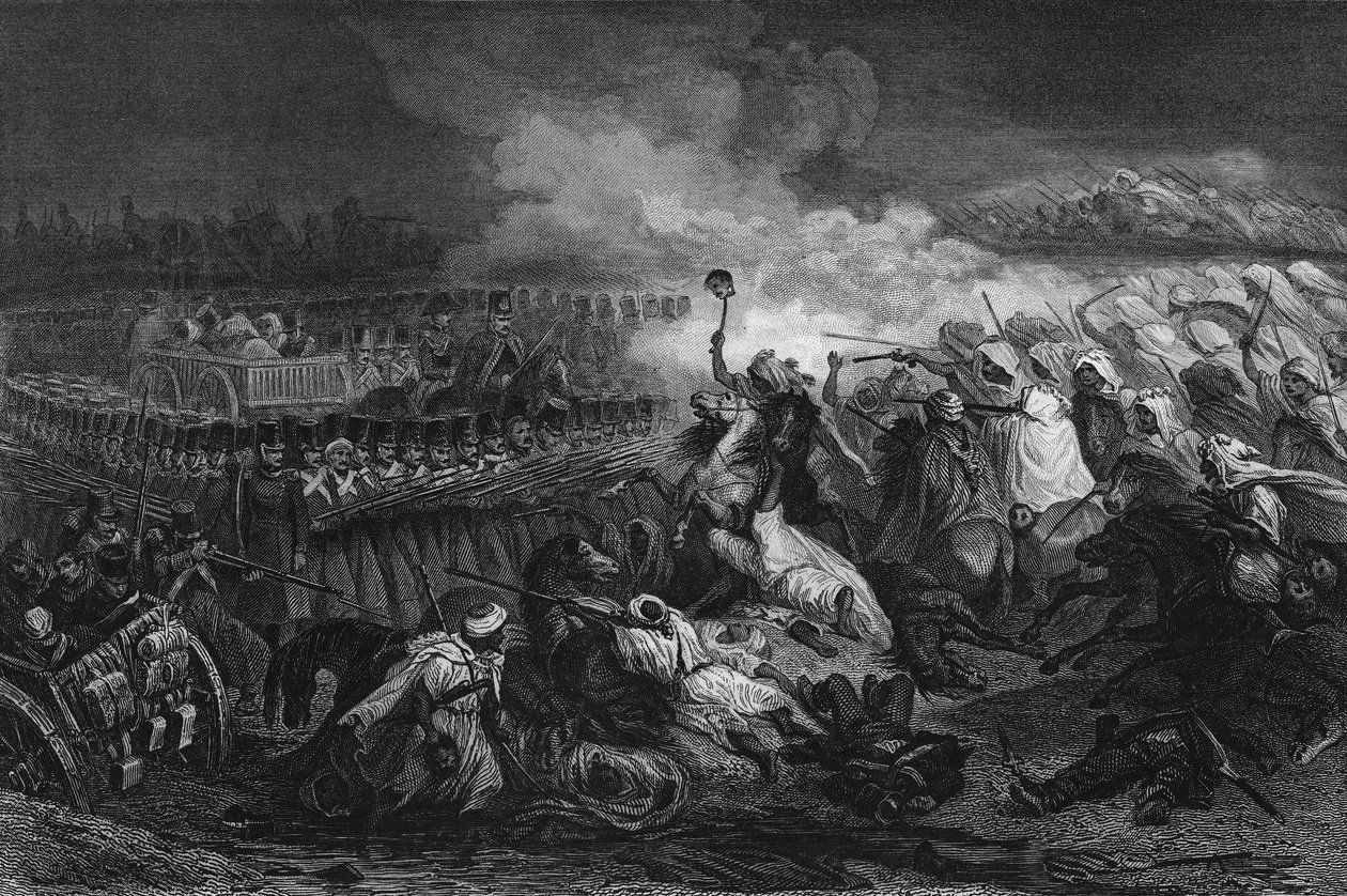Arabien eläkkeelle jääminen Ranskan armeijan Konstantinuksen luona vuonna 1837 muodostaman aukion edessä, Leon Galibertin "Algerie ancienne et moderne" tekijältä Unknown artist