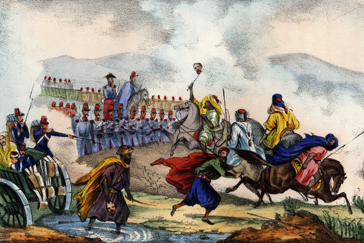 Arabien eläkkeelle Afrikan ranskalaisen armeijan Constantinuksessa vuonna 1837 muodostaman aukion edessä. Leone Galibertin teoksessa "Storia d
