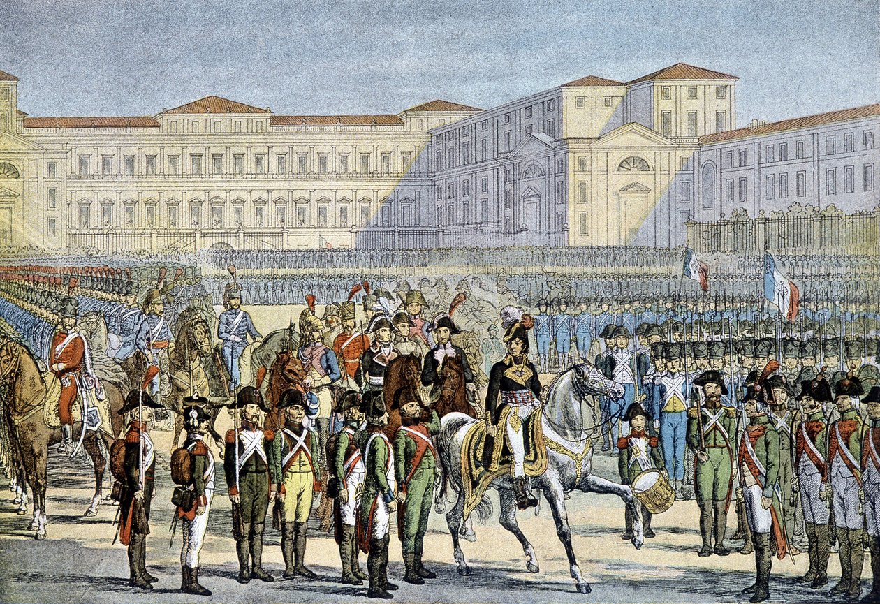 Kenraali Muratin (1800) Milanossa suorittama katsaus Italian armeijaan - litografia tekijältä Unknown artist