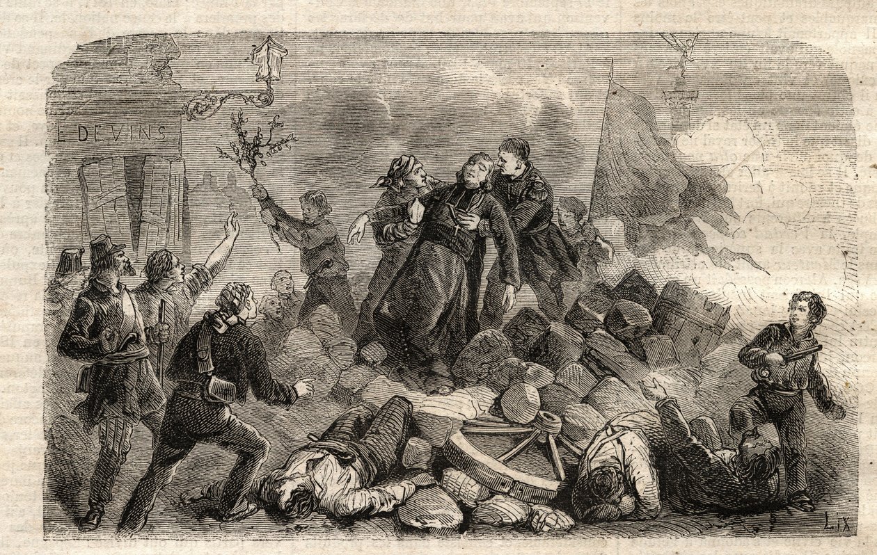 Vallankumous 1848: "" Arkkitehtuuri Monsignor Denis Affre (1793-1848) Barrikadilla Faubourg Saint Antoine Pariisissa 26.6.1848 (Do o mon dieu que mon sang be le dernier verse) (Pariisin arkkipiispan Denis Affren kuolema barrikadi t:n sisäänkäynnillä tekijältä Unknown artist