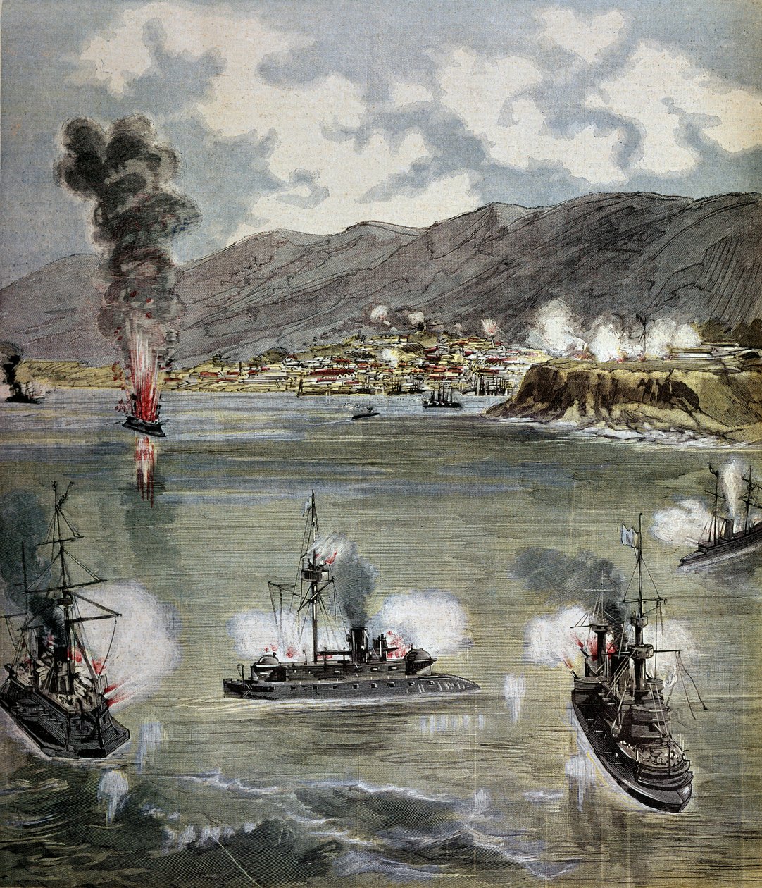Vallankumous Chilessä: hyökkäys Valparaisoon vuonna 1891. Kuva otettu julkaisusta "" Supplement illustrates du Pepetit journal""" 1891. Paris, B.N. tekijältä Unknown artist