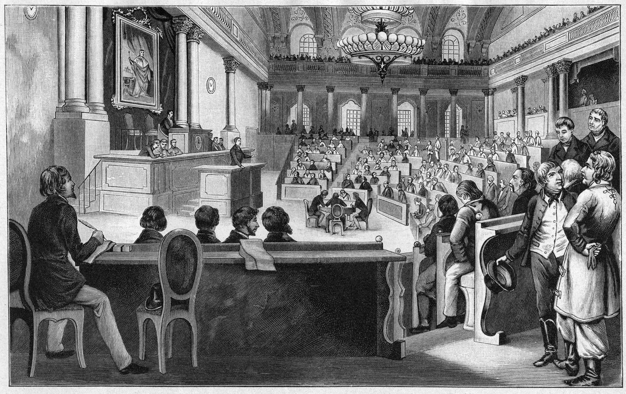 Vallankumous Wienissä 1848 - Itävallan ensimmäisen perustuslakia säätävän kokouksen (Reichs Versammlung) kokous heinäkuussa 1848 espanjalaisessa ratsastuskoulussa Wienissä, Itävallassa. tekijältä Unknown artist