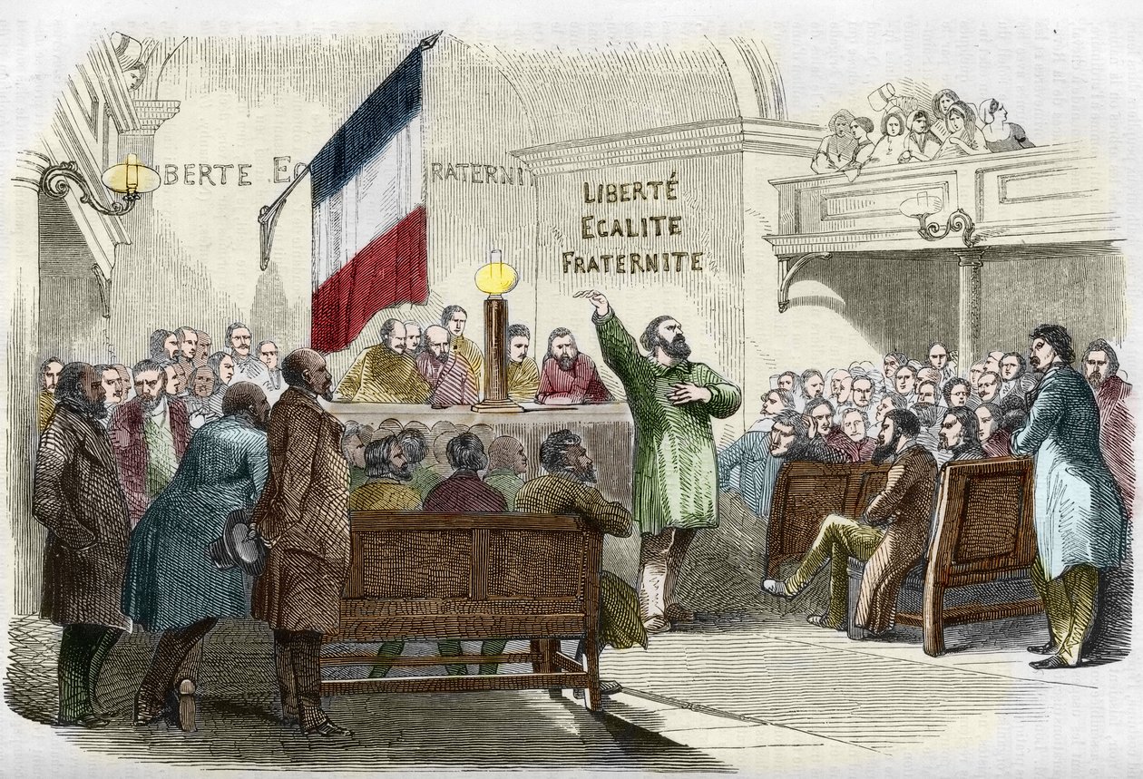 Vuoden 1848 vallankumous: Republikaaniklubin kokous Pariisissa vuonna 1848. Seinällä lukee republikaanien motto "vapaus, tasa-arvo, veljeys"". (Kokous republikaaniklubissa). Kaiverrus 1800-luvulta. tekijältä Unknown artist