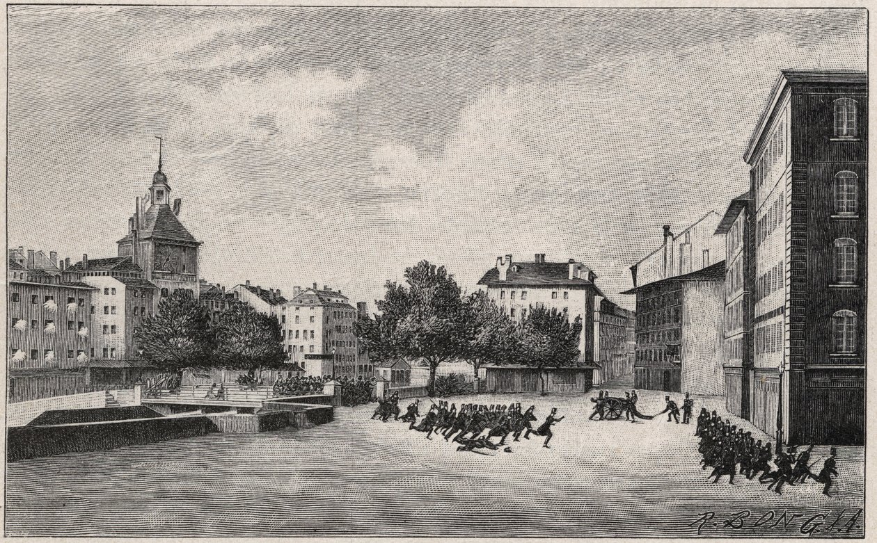 Geneven vallankumous 7. - 8. lokakuuta 1846 (fazyst vallankumous): St Gervaisin puolustaminen 7. lokakuuta 1846 - Näkymä Place de Bel Airille ja Ponts-de-l