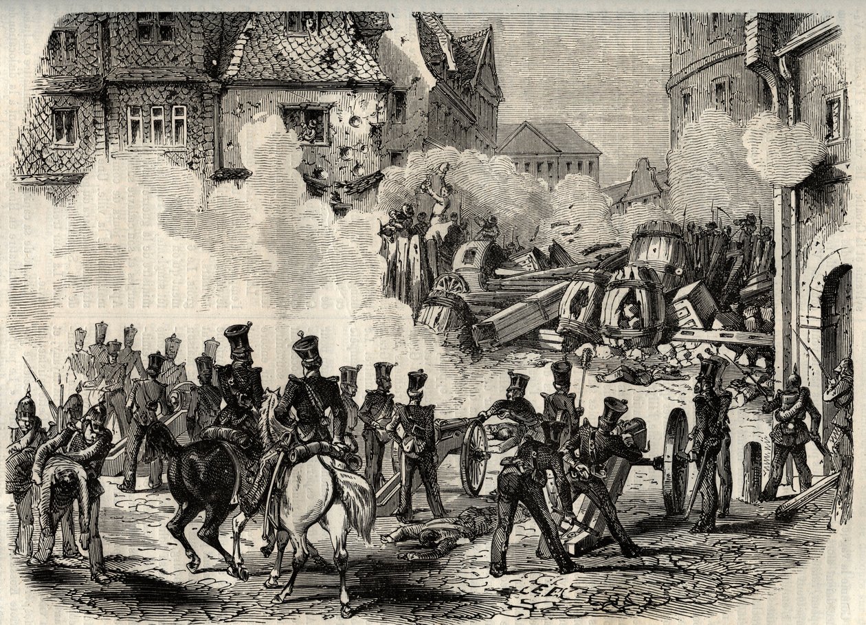 Vallankumoukset 1848 - 1849, Saksa, Frankfurt - Joukot hyökkäsivät barrikadille Frankfurtissa, Saksassa, 18. syyskuuta tekijältä Unknown artist