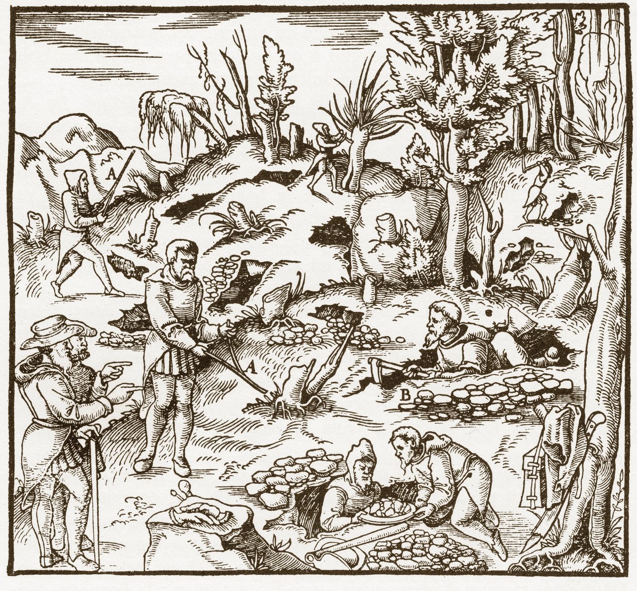 Rhabdomancy - rhabdomancie - Kaivoskentän tutkiminen ennustussauvan avulla - Miehet leikkaavat ja käyttävät ennustussauvoja mineraalien paikallistamiseen - Georgius Agricolan (Georg Bauer), Baselin teoksesta "" De re metallica" tekijältä Unknown artist