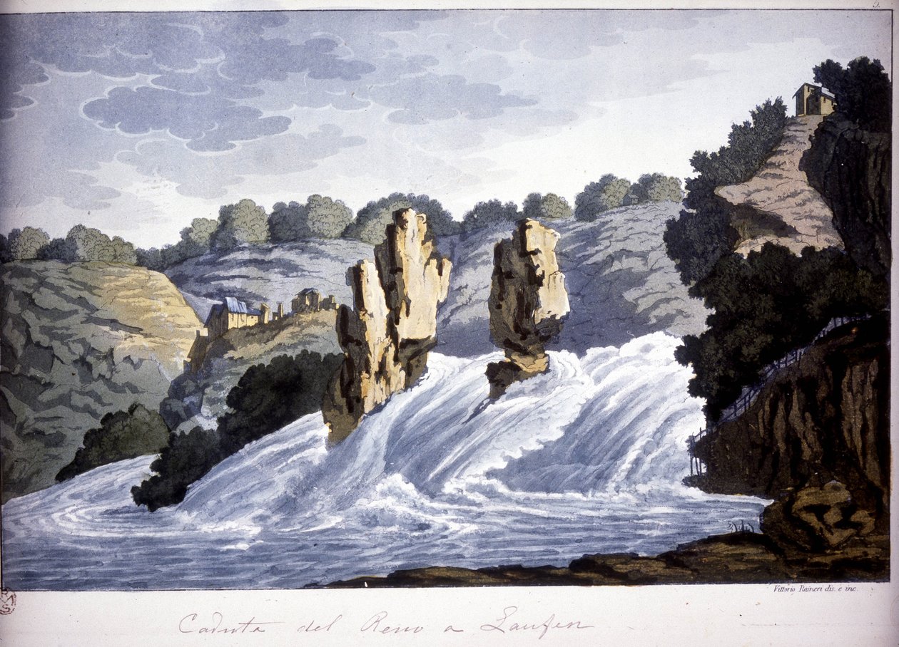 Reinin vesiputous Laufenissa, Saksassa. Kaiverrus 1800-luvun alusta. tekijältä Unknown artist