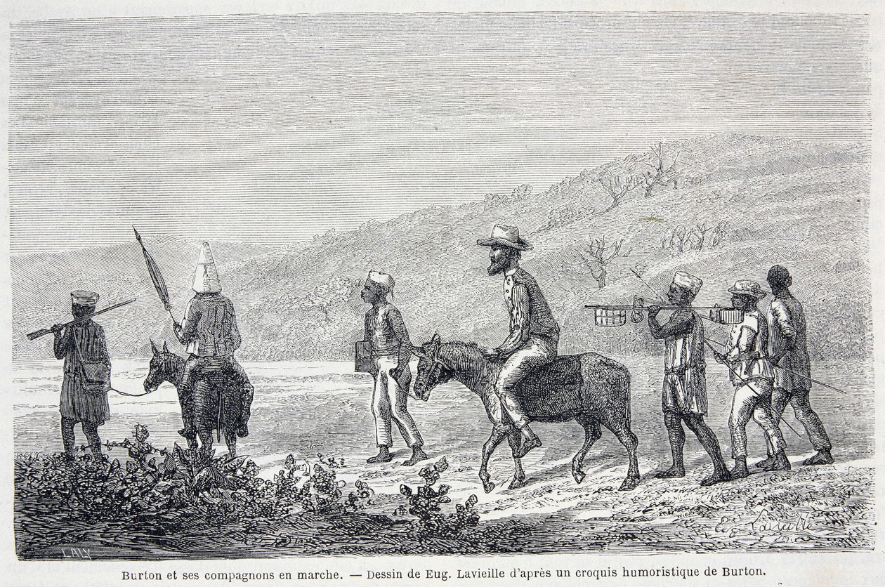 Richard Francis Burton, brittiläinen tutkimusmatkailija (1821-1890) ja hänen toverinsa Afrikassa. Piirros, joka havainnollistaa artikkelia "" Kapteeni Burtonin matka Afrikan suurille järville 1857-59" - "" Tour du Monde -julkaisussa", 2. lukukausi. 1860 tekijältä Unknown artist