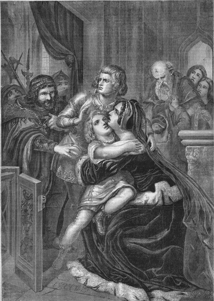 Englannin kuningas Richard III sieppasi veljensä Edward IV:n (1452-1485) lapset heidän äidiltään. Kaiverrus vuodelta 1860 Stilken maalauksen perusteella. tekijältä Unknown artist