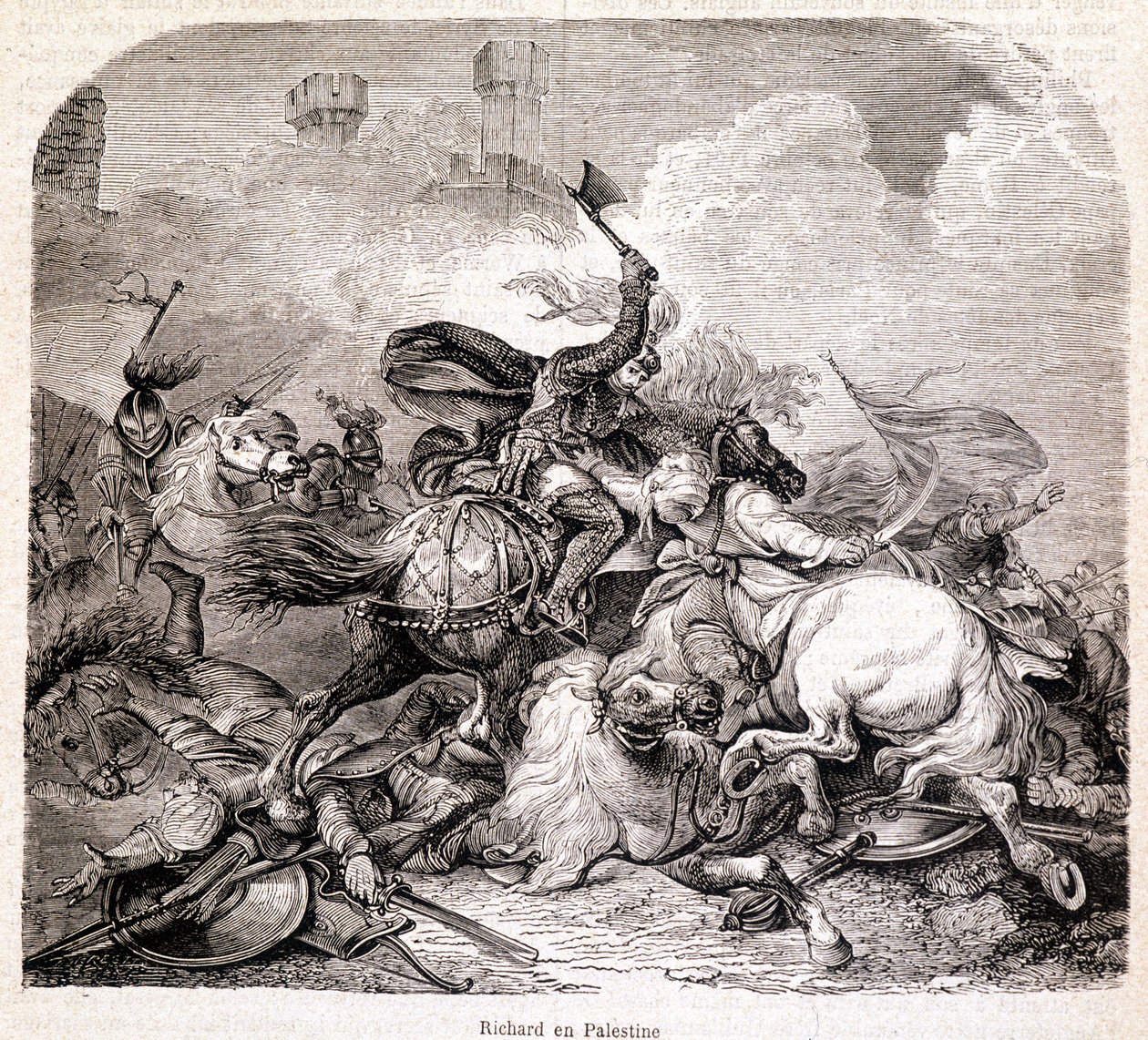 Richard Palestiinassa. Kuvitus teoksesta "" Paavien, kuninkaiden, kuningattarien ja keisarien historia vuosisatojen ajan" - kirjoittaja Maurice Lachatre 1857 tekijältä Unknown artist