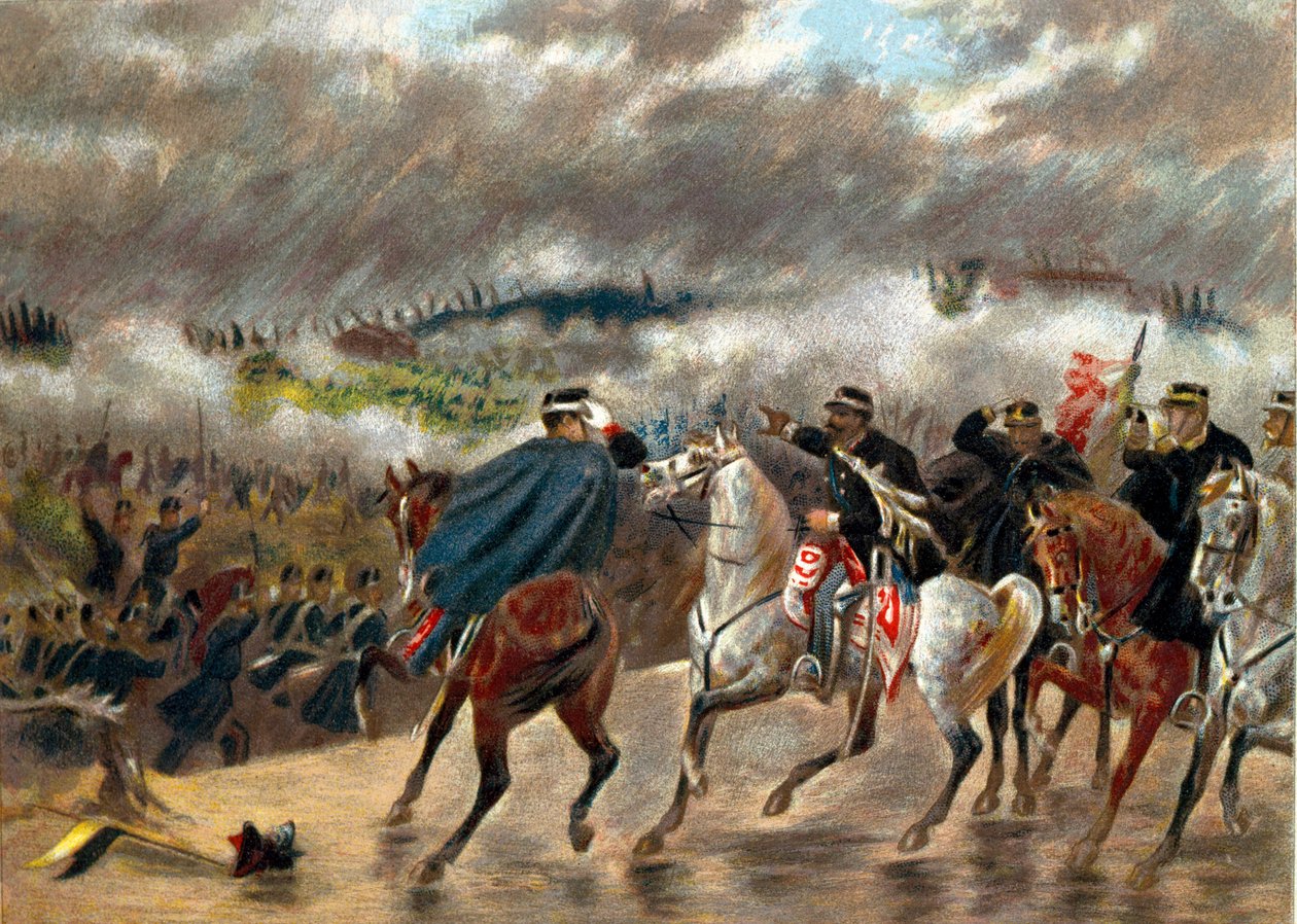 Risorgimento - Italian kampanja (1859): Victor Emmanuel II (Vittorio Emanuele II) (Victor-Emmanuel) (1820-1878) johti Piemonten joukkoja Itävallan armeijaa vastaan 24.6.1859 San Martinon taistelun aikana. Yksityinen kokoelma tekijältä Unknown artist