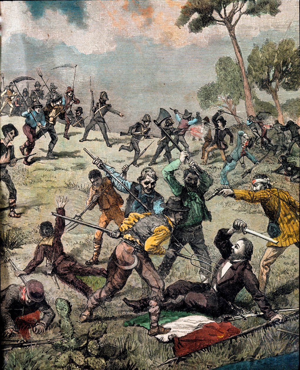 Risorgimento: "" italialainen vallankumouksellinen Carlo Pisacane (1818-1857) joutui talonpoikien myrskyyn Saprissa 28.06.1857"" Kaiverrus yksityinen kokoelma tekijältä Unknown artist