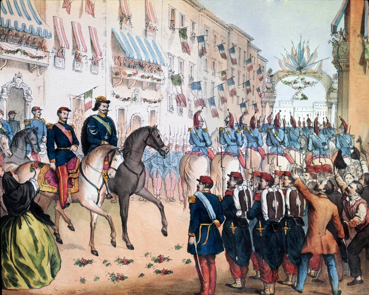 Risorgimento: Italian kuninkaan Victor Emmanuel (Victor-Emmanuel tai Vittorio Emanuele) II ja Ranskan keisarin Napoleon III:n sisäänkäynti Milanossa 8.6.1859. Litografia National Museum of the Risorgimento Rooma tekijältä Unknown artist