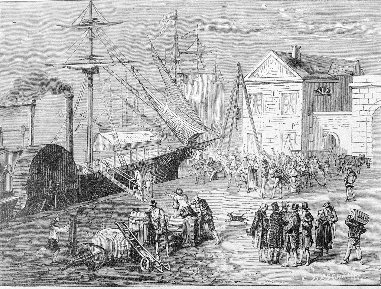 Robert Fulton (1765 - 1815), amerikkalainen rakentaja lähti Clermont-veneeseen, jonka hän rakensi vuonna 1807 tarjotakseen New Yorkin ja Albanyn välisen yhteyden Hudson-joella. Kaiverrus 1800-luvulta. tekijältä Unknown artist