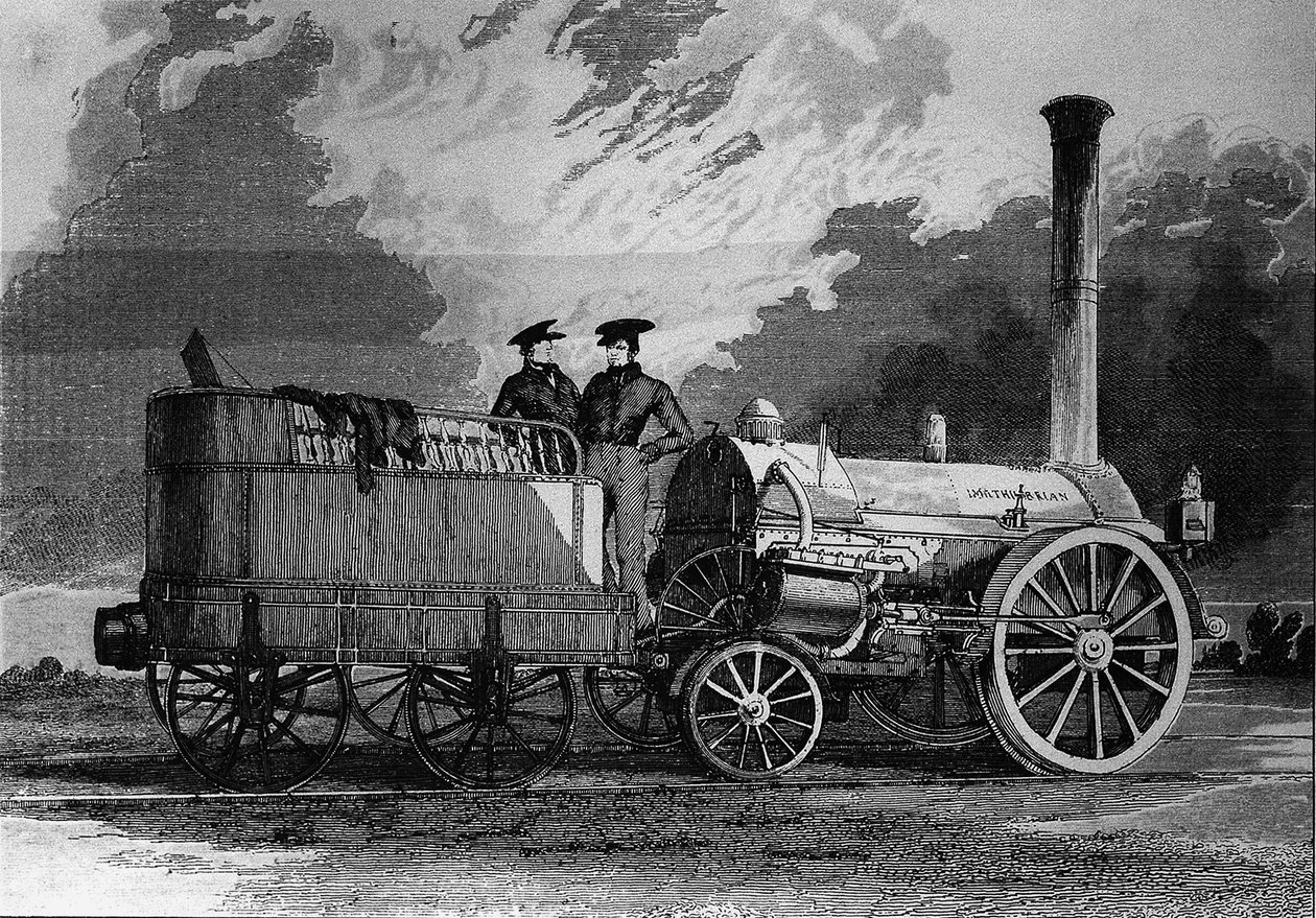 Robert Stephensonin veturi rautatielle Liverpoolista Manchesteriin vuonna 1831 - kaiverrus tekijältä Unknown artist
