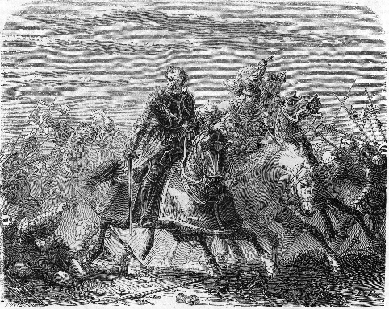 Robert Landsknechtsistä vie poikansa ruumiin sveitsiläisiltä. Kaiverrus 1800-luvulta. tekijältä Unknown artist