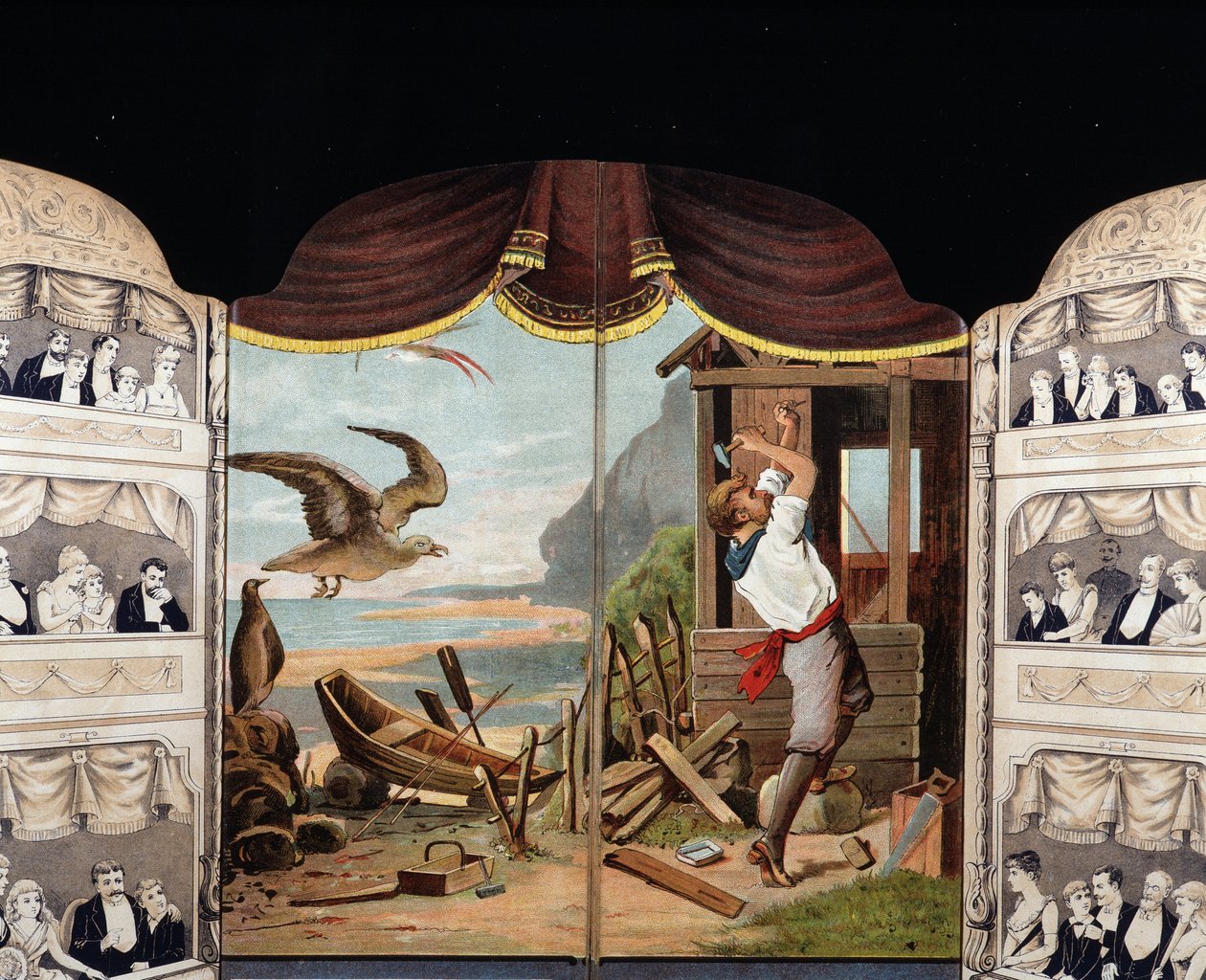 Robinson Crusoe rakentamassa mökkiään, noin 1890. Daniel de Foen tai Defoen Roman (1660 - 1731) tekijältä Unknown artist