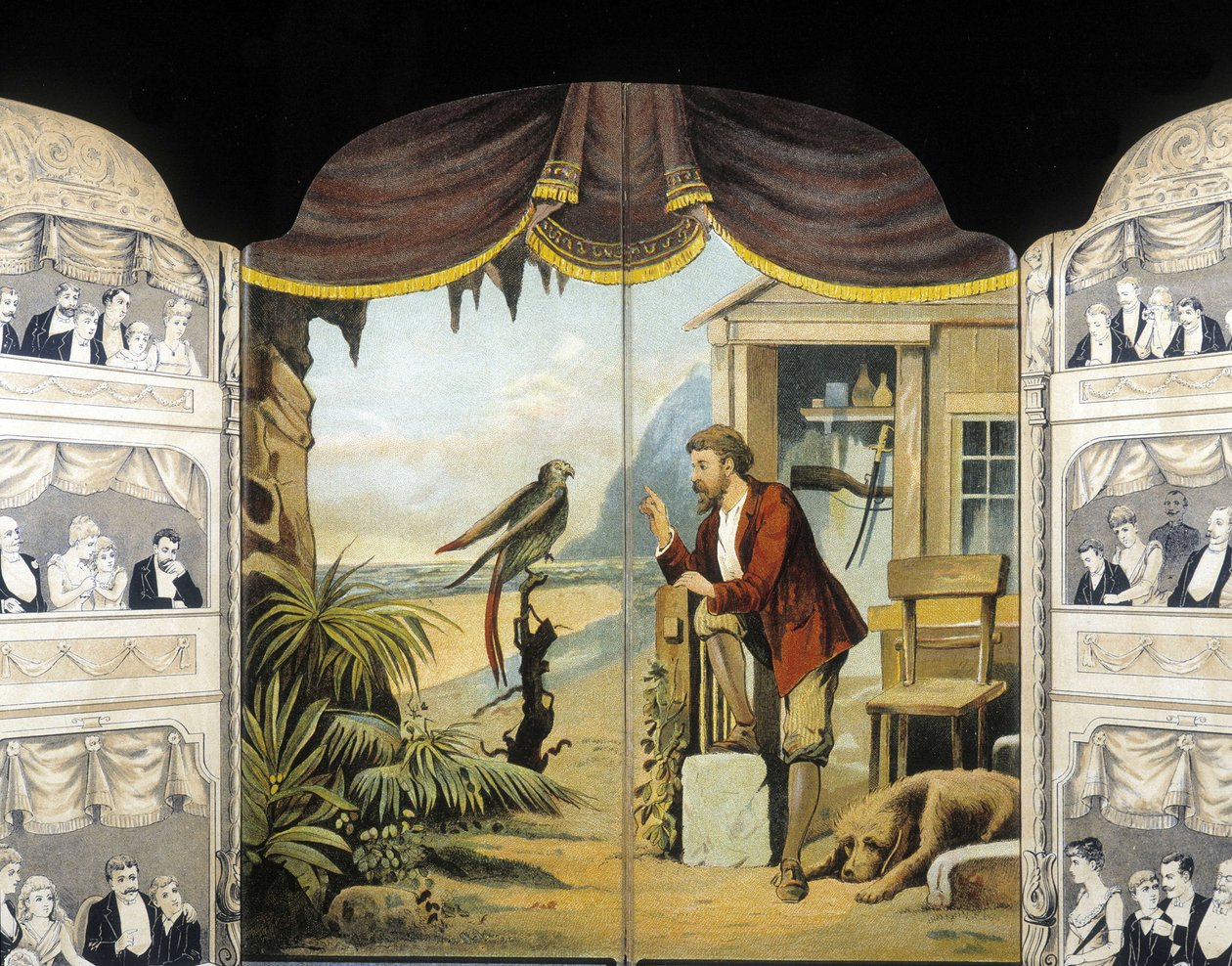 Robinson Crusoe papukaijansa kanssa, noin 1890. Daniel de Foen tai Defoen Roman (1660 - 1731) tekijältä Unknown artist