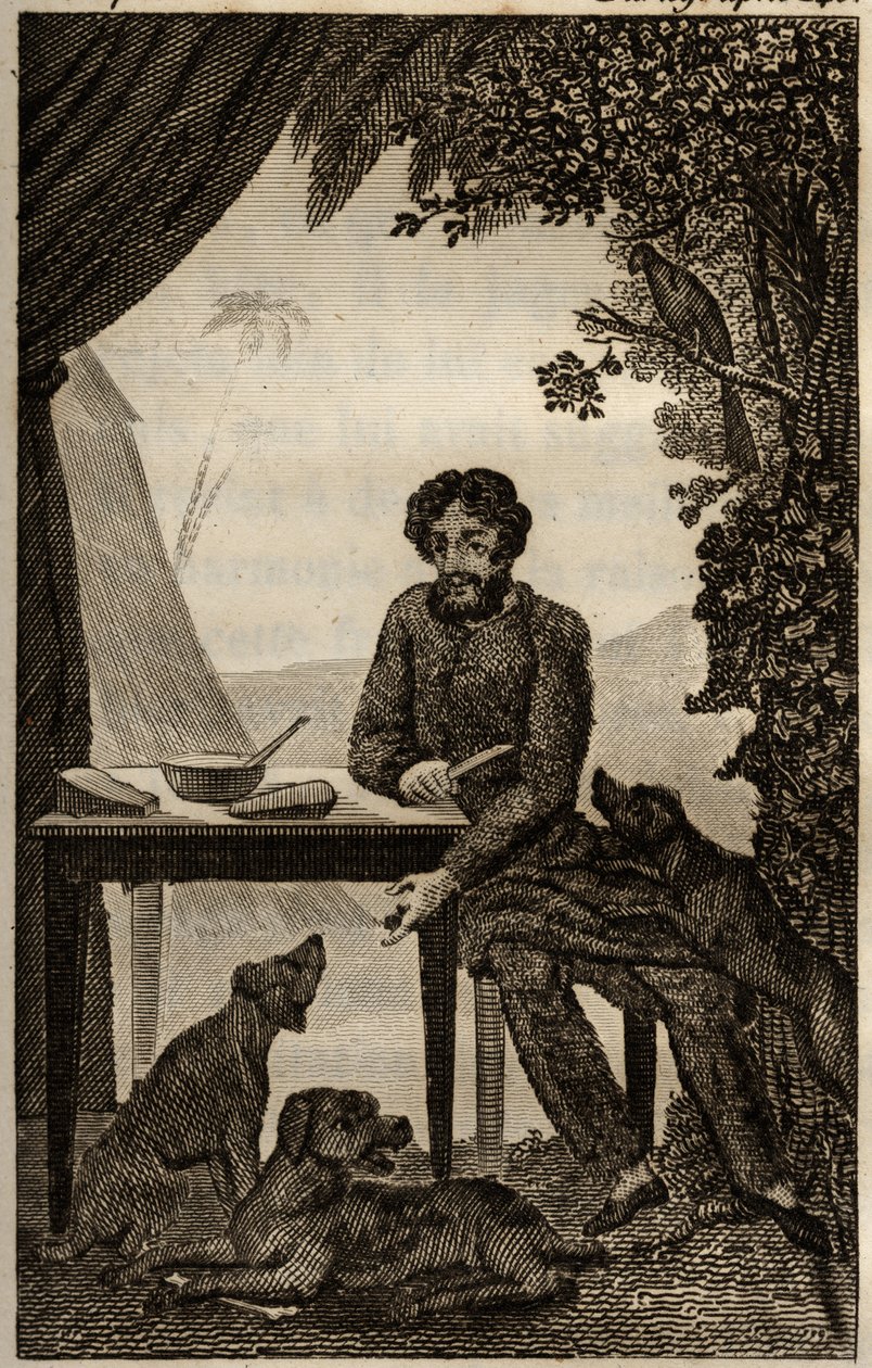 Robinson Crusoen koirat odottavat hänen heittävän palasia syötäväksi. Kaiverrus on lisätty Daniel Defoen teokseen "Les aventures de Robinson Crusoe" (1660-1731), edition la librairie d