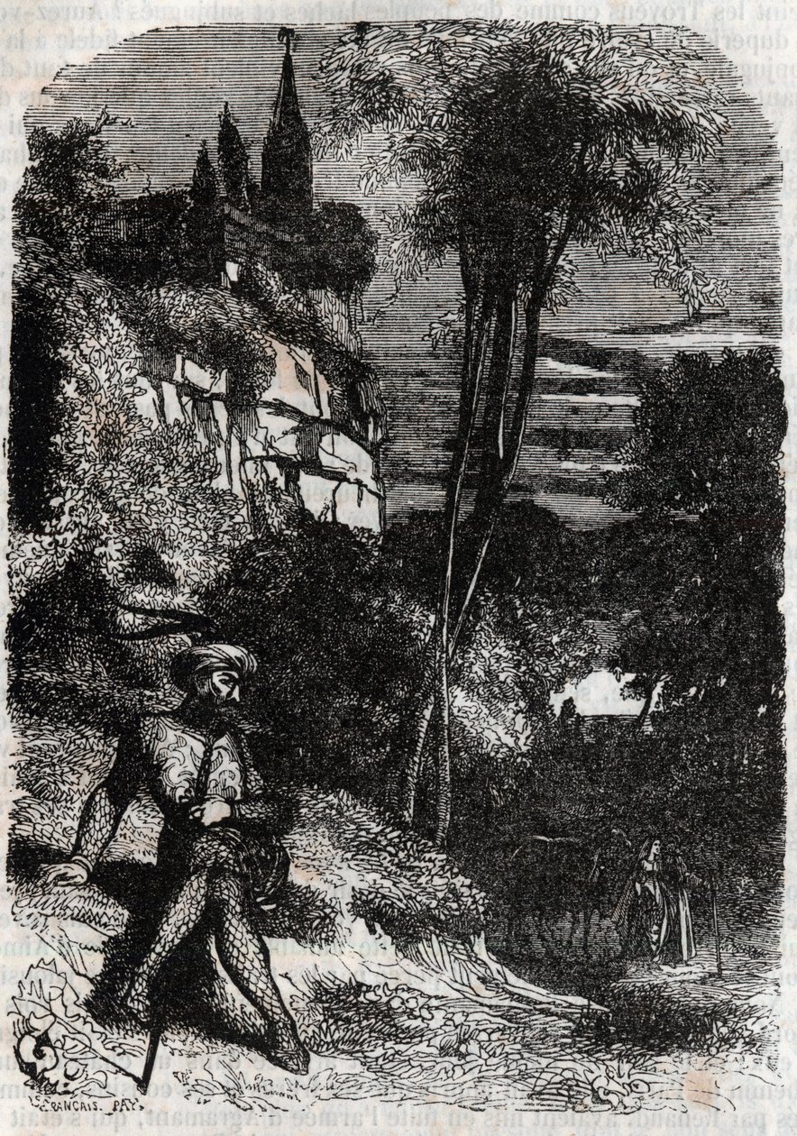 Rodomont, Isabella ja vanha erakko - Ludovico Arioston kaiverrus "" Furious Roland" (Orlando furioso) (1500-luku) 1851, joka tunnetaan nimellä Ariosto - Tressanin kreivin italiasta kääntämä painos ja kustantaja Gustave Harvard 1851 tekijältä Unknown artist