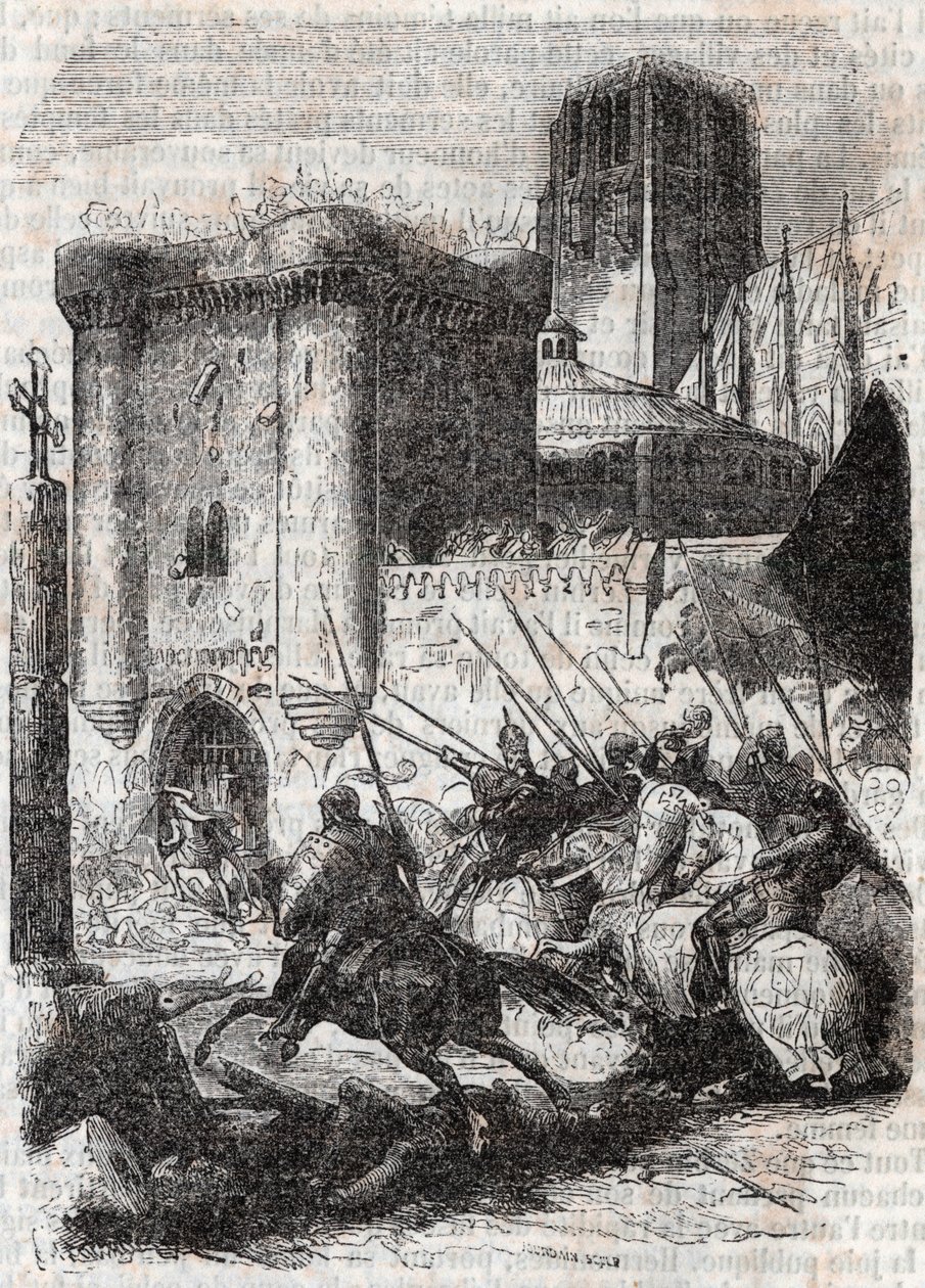Rodomont rikkoo Pariisin palatsin ovet - kaiverrus vuodelta 1851 Ludovico Arioston kirjasta "" Roland furieux"" (Orlando furioso) (1500-luku), joka tunnetaan nimellä Arioste - Tressanin kreivin italiasta kääntämä painos ja kustantaja Gustave Harv tekijältä Unknown artist