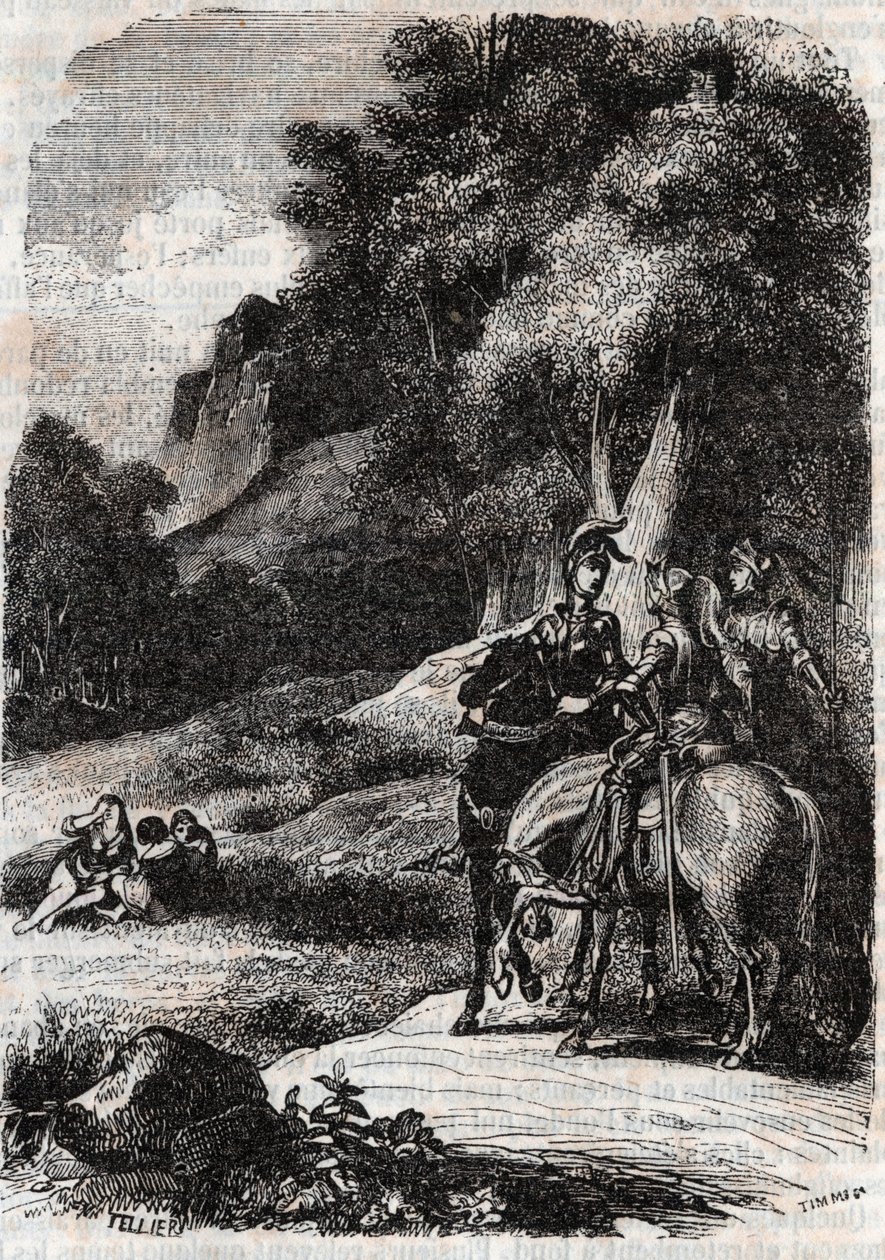 Roger (Ruggero, Ruggiero), Marphise (Marfisa) ja kolme naista - kaiverrus vuodelta 1851 Ludovico Arioston kirjasta "" Roland furieux"" (1500-luku), nimeltään Ariosto - Tressanin kreivin italiasta kääntämä painos ja julkaisija tekijältä Unknown artist